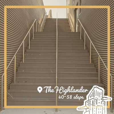 Need a location to go to climb stairs? We're thankful for local partners who are willing to let you climb at their place! This feature is for The Venue staircase at The Highlander. This staircase has 40 straight steps, and a total of 58 if you keep going after a short landing. Participants are allowed to use the stairs during daylight hours as long as there is not an event taking place in The Venue. Best for weekdays!
