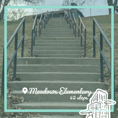 Need a location to go to climb stairs? We're thankful for local partners who are willing to let you climb at their place! This staircase is at Meadows Elementary in Ralston. It has 42 steps in 7 sections of 6 steps each (with short landings between). Participants are allowed to use the stairs M-F 3:30-10:00pm and Sat-Sun 6:00am-10:00pm.  To check out more locations or get an exact address, check out our website!